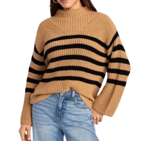 Old Navy Women's XL Striped Sweater Mock Neck Tan Brown Black Knit Pullover - Picture 1 of 12